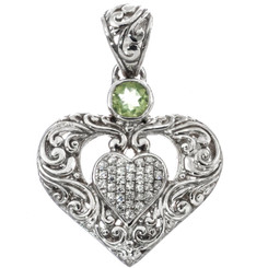 1 1/8" FINE BALI SCROLL HEART IN PERIDOT AND CZ 925 STERLING SILVER pendant