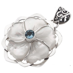 1 1/2" MOTHER OF PEARL SHELL FLOWER BLUE TOPAZ 925 STERLING SILVER pendant