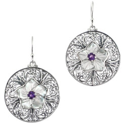 1 1/8" MOTHER OF PEARL FLOWER AMETHYST FILIGREE 925 STERLING SILVER earrings