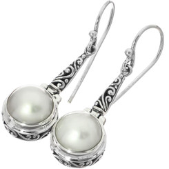 1 1/8" WHITE MABE PEARL 925 STERLING SILVER SCROLL FILIGREE DROP earrings