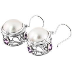3/4" FILIGREE WHITE MABE PEARL AMETHYST 925 STERLING SILVER SCROLL earrings