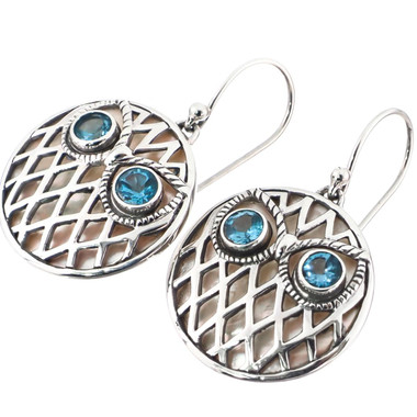3/4" OWL SWISS BLUE TOPAZ EYES MOTHER OF PEARL 925 STERLING SILVER earrings