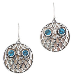 3/4" OWL SWISS BLUE TOPAZ EYES MOTHER OF PEARL 925 STERLING SILVER earrings