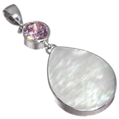 925 Silver Sale Mother Of Pearl Shell Pink Quartz Pendant, 2 1/4"