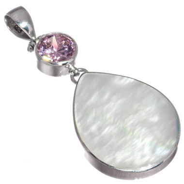925 Silver Sale Mother Of Pearl Shell Pink Quartz Pendant, 2 1/4"