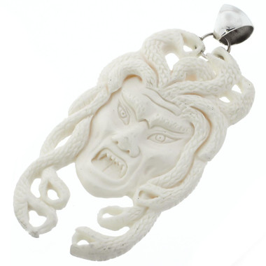 3 3/8" HANDCRAFTED GREEK MYTH MEDUSA SNAKE BISON BONE STERLING SILVER pendant