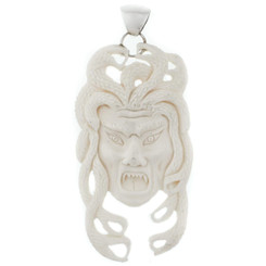 3 3/8" HANDCRAFTED GREEK MYTH MEDUSA SNAKE BISON BONE STERLING SILVER pendant