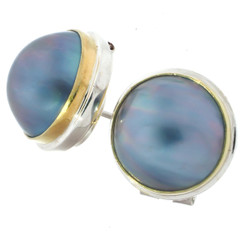 5/8" BLUE MABE PEARL 24K GOLD RIM ON 925 STERLING SILVER OMEGA STUD earrings