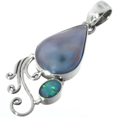 1 5/8" PEAR BLUE MABE CULTURED PEARL AUSTRALIAN OPAL 925 STERLING SILVER pendant