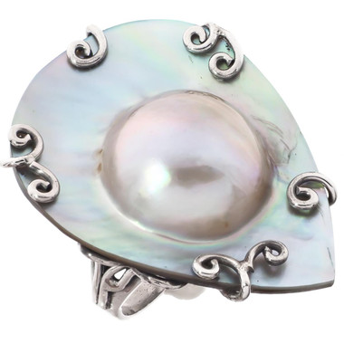 Cutlured Mabe Pearl In Shell Pear Filigree 925 Sterling Silver Cocktail Ring