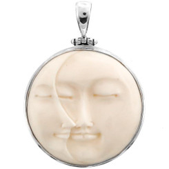 1 3/4" HAND CARVING BALI MOON SUN GODDESS BISON BONE 925 STERLING SILVER pendant