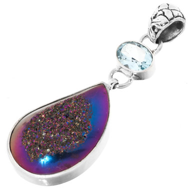 925 Silver Blue Topaz Rainbow Titanium Agate Druzy Sterling Pendant, 1 7/8"