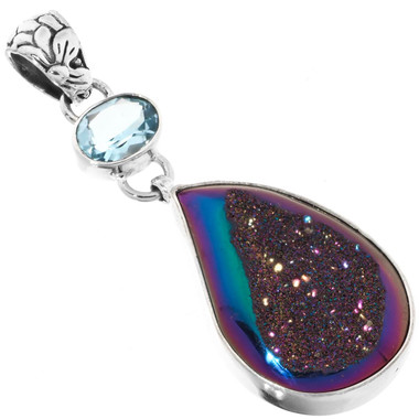 925 Silver Blue Topaz Rainbow Titanium Agate Druzy Sterling Pendant, 1 7/8"