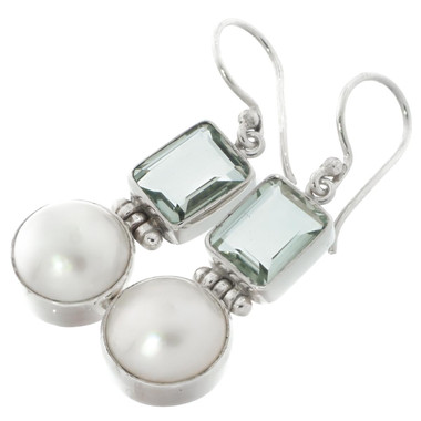 1" WHITE MABE PEARL GREEN AMETHYST PRASIOLITE 925 STERLING SILVER DROP earrings