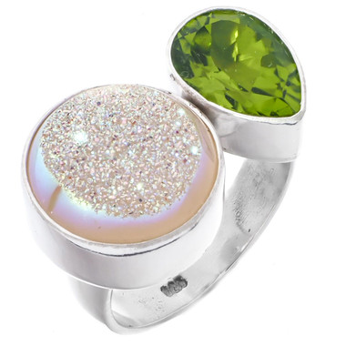 OPAL TITANIUM DRUZY DRUSY PERIDOT PEAR 925 STERLING SILVER ADJ SZ 6 ring