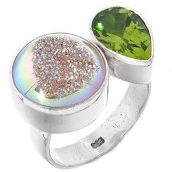 925 Silver Opal Titanium Druzy Drusy Peridot Pear Sterling Adj Sz 6 Ring