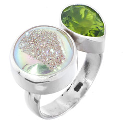 OPAL TITANIUM DRUZY DRUSY PERIDOT PEAR 925 STERLING SILVER ADJ SZ 7 ring
