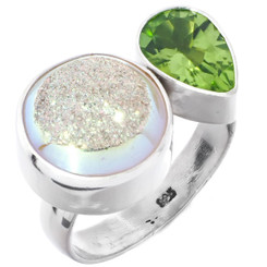 925 Silver Opal Titanium Druzy Drusy Peridot Pear Sterling Adj Sz 8 Ring