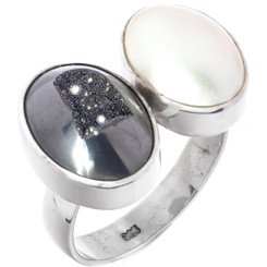 BLACK TITANIUM  DRUZY WHITE OVAL MABE PEARL 925 STERLING SILVER ADJ SZ 9 ring