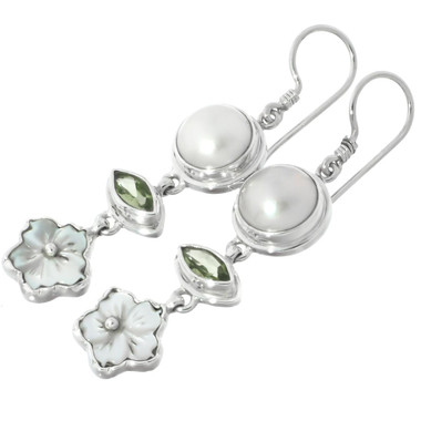 1 3/4" MOTHER OF PEARL SHELL PERIDOT MABE 925 SILVER earrings