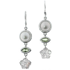 1 3/4" MOTHER OF PEARL SHELL PERIDOT MABE 925 SILVER earrings