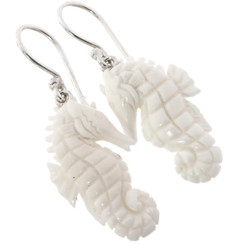 1" HANDCRAFTED SEA HORSE BISON BONE 925 STERLING SILVER earrings
