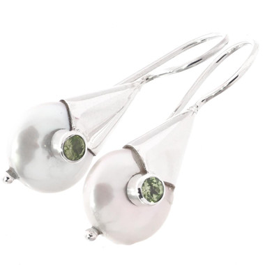 7/8" WHITE BIWA FRESHWATER PEARL PERIDOT GEMSTONE 925 SILVER earrings