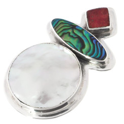 1 5/8" MOTHER OF PEARL SHELL PAUA ABALONE RED CORAL 925 STERLING SILVER pendant