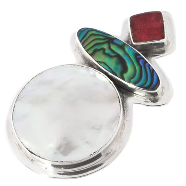 1 5/8" MOTHER OF PEARL SHELL PAUA ABALONE RED CORAL 925 STERLING SILVER pendant