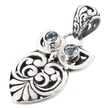 1 1/8" OWL BALI SCROLL BLUE TOPAZ BIRD 925 STERLING SILVER pendant