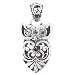 1 1/8" OWL BALI SCROLL BLUE TOPAZ BIRD 925 STERLING SILVER pendant
