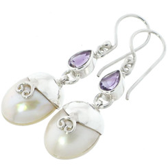 1 3/16" AMETHYST  PACIFIC OCEAN CULTURED MABE PEARL 925 STERLING SILVER earrings