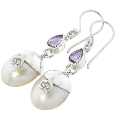 1 3/16" AMETHYST  PACIFIC OCEAN CULTURED MABE PEARL 925 STERLING SILVER earrings