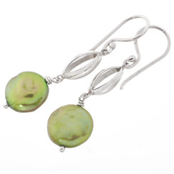 1 1/4" GREEN BIWA FRESHWATER COIN PEARL 925 STERLING SILVER earrings