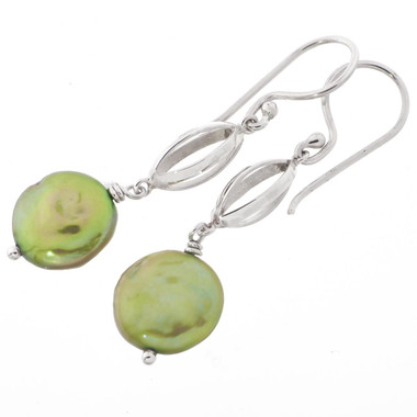 1 1/4" GREEN BIWA FRESHWATER COIN PEARL 925 STERLING SILVER earrings