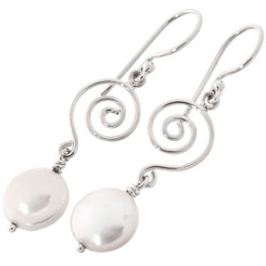 1 9/16" WHITE BIWA FRESHWATER COIN PEARL 925 STERLING SILVER DROP earrings
