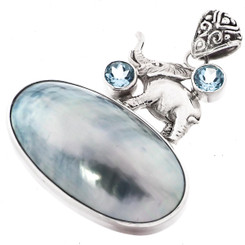 2" ELEPHANT NAUTILUS SHELL BLUE TOPAZ 925 STERLING SILVER pendant