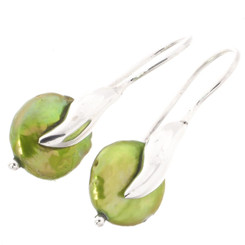 13/16" CUTE GREEN BIWA FRESHWATER COIN PEARL 925 STERLING SILVER earrings