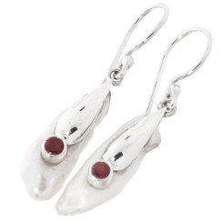 1" WHITE BIWA FRESHWATER STICK PEARL RED GARNET 925 STERLING SILVER earrings