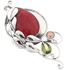 2" Genuine Red Coral Peridot Pearl Sterling Silver Pendant