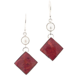 1 1/8" RED CORAL FRESHWATER BUTTON PEARL 925 STERLING SILVER earrings