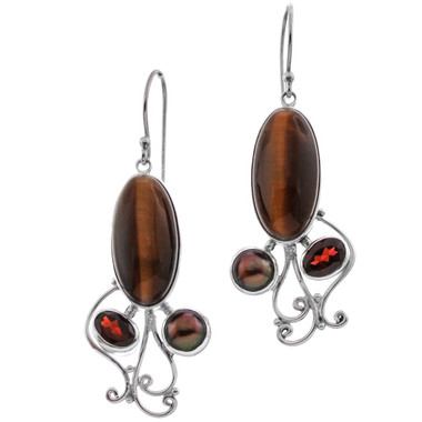 1 3/8" TIGER EYE RED GARNET FRESHWATER BIWA PEARL 925 STERLING SILVER earrings