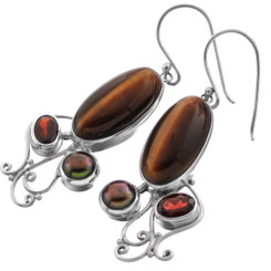 1 3/8" TIGER EYE RED GARNET FRESHWATER BIWA PEARL 925 STERLING SILVER earrings