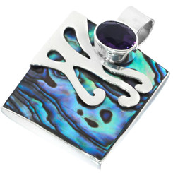 1 7/8" Paua Abalone Shell Amethyst Sterling Silver Pendant