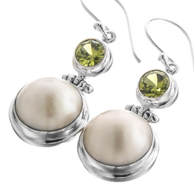 White Mabe Pearl Simulated Peridot 925 Sterling Silver Earrings, 1"