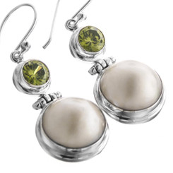 White Mabe Pearl Simulated Peridot 925 Sterling Silver Earrings, 1"