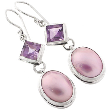 1 9/16" OVAL PINK MABE PEARL AMETHYST 925 STERLING SILVER DROP earrings