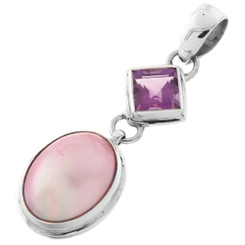 1 3/4" OVAL PINK MABE PEARL AMETHYST 925 STERLING SILVER pendant