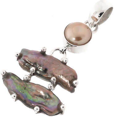 1 3/4" IRIDESCENT PEACOCK FRESHWATER STICK PEARL 925 STERLING SILVER pendant