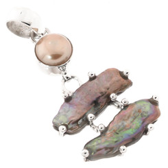 1 3/4" IRIDESCENT PEACOCK FRESHWATER STICK PEARL 925 STERLING SILVER pendant